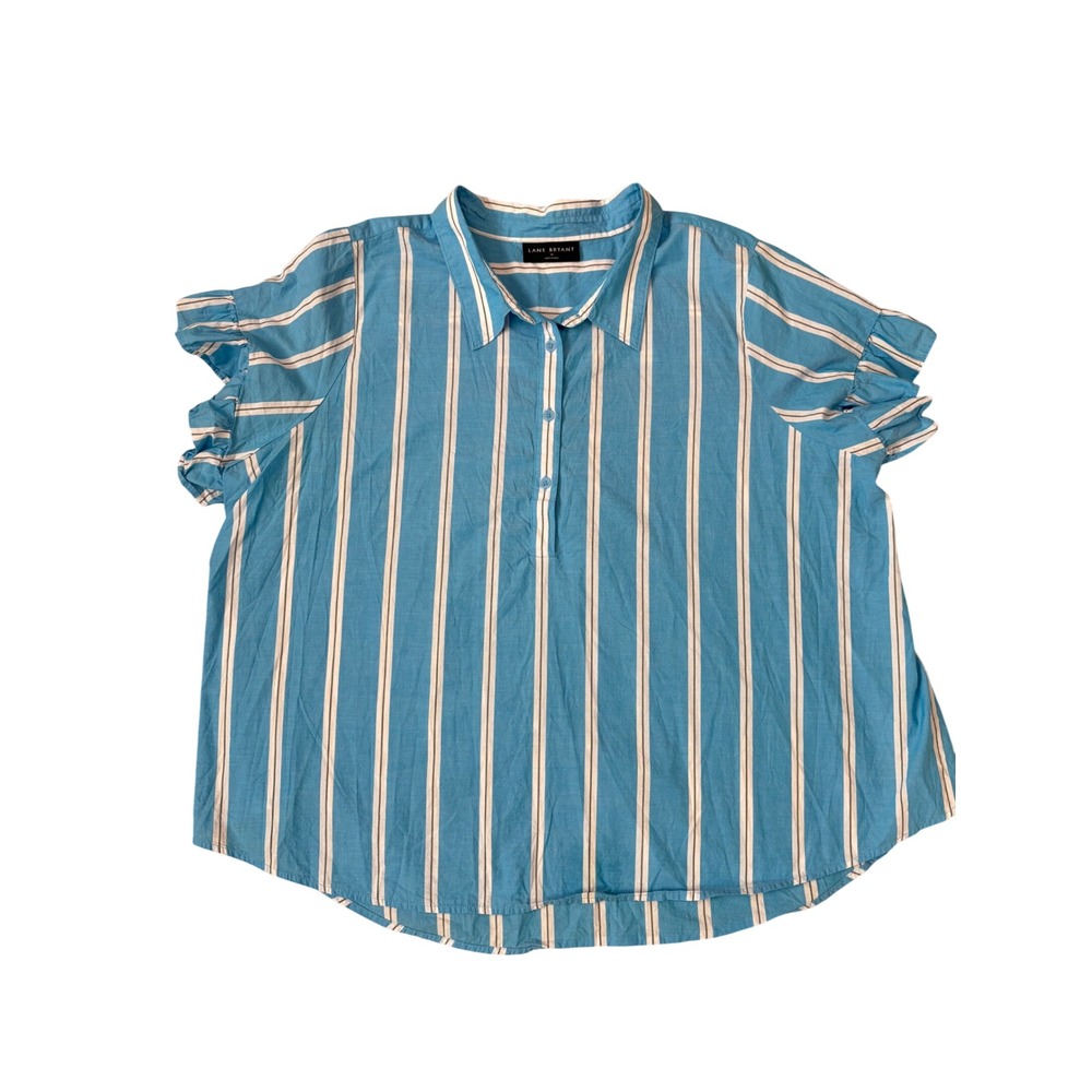 Lane Bryant Coastal Blue White Striped Cotton Ruffle Sleeve Blouse Plus Size 18